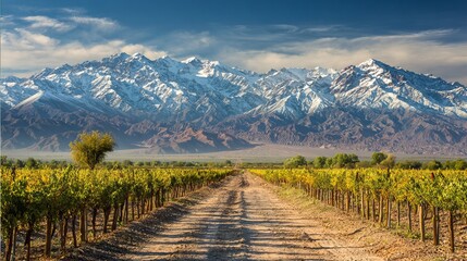 Scenic vineyard path leads to majestic snow-capped Andes mountains under a clear blue sky