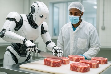 Futuristic robot slicing raw meat under supervision of human butcher in clean food processing facility using advanced technology and AI precision. Ai generative