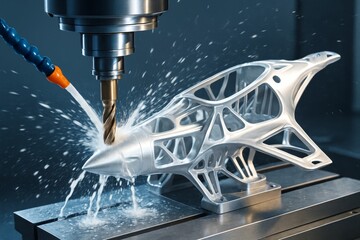 High-precision CNC milling process with coolant spray on complex metal aerospace part under bright light on industrial background. Ai generative