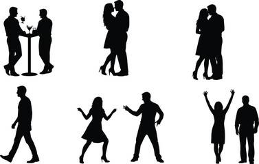 Silhouettes of people in different poses, dancing, kissing, walking, celebrating, couples interaction, nightlife scene, romance, social gathering, lifestyle concept