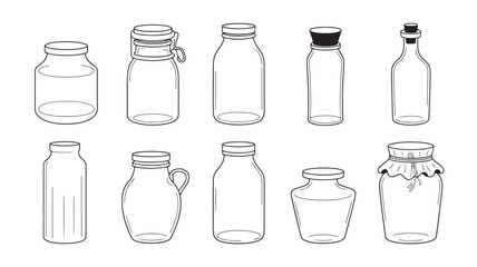Fototapeta premium Collection of Glass Jars in Various Shapes and Sizes Line Art Illustration