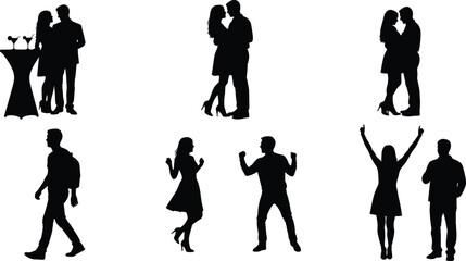 Silhouettes of people kissing, walking, dancing, celebrating, enjoying drinks, couple in love, man and woman interaction, nightlife romance, lifestyle, social event