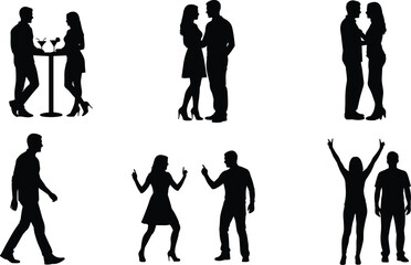Silhouettes of people talking, walking, dancing, dating, celebrating, man and woman interaction, couple lifestyle, nightlife romance, human connection, social event