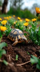Obraz premium A small turtle with a smooth, yellowish-brown shell slowly crawls on the moist garden soil filled with miniature sunflowers