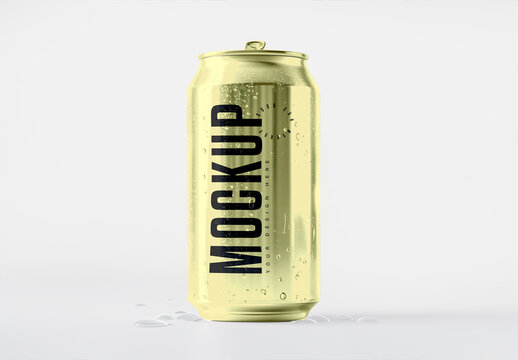 Gold Aluminum Can Mockup with Water Droplets