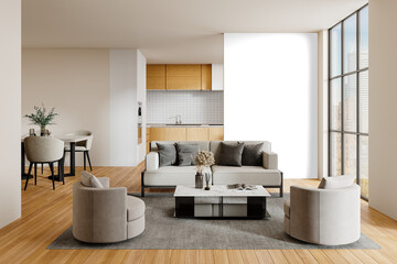 Complete Modern Living and Dining Room Set PNG Isolated Interior with Sofa, Chairs, and Kitchen Shadow