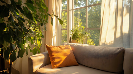 A warm inviting room with a plush sofa soft lighting and a large window with sheer curtains symbolizing a peaceful retreat for inner contemplation