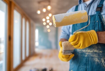 Close-up of a worker wearing yellow gloves and a denim apron pouring a beverage into a glass in a bright, modern cafe setting with warm lighting and large