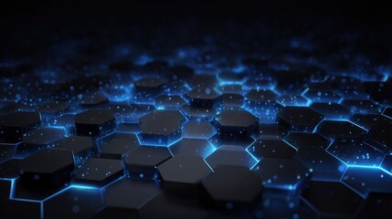 Obraz premium Dark tech background with 3D layered hexagons Futuristic hexagonal pattern with glowing blue accents on a dark background.