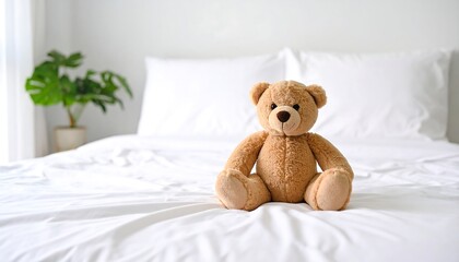 Teddy bear on a white bed (1)