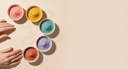 A vibrant arrangement of colored powders in small bowls, showcasing a spectrum of hues for creative expression and celebration