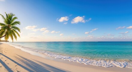 Idyllic Tropical Beach Scene With Palm Tree and Turquoise Ocean Waters