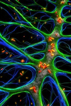 A vivid fluorescent microscopy image showing rabies virus particles traveling along nerve fibers in brain tissue