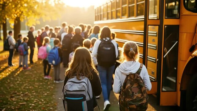 Children and students with backpacks boarding a yellow school bus in the morning sunlight during autumn