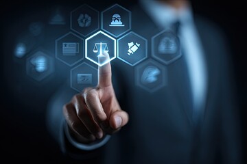 Man interacts with a digital interface showcasing legal and financial icons