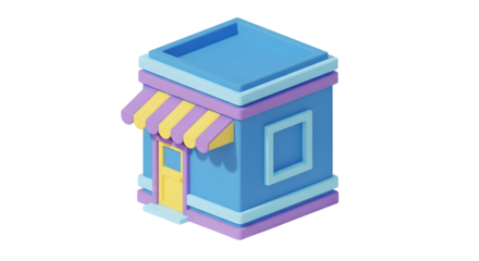 Isometric 3d render of a cute cartoon shop building with awning and door for game asset