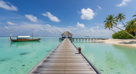 Obraz premium Tropical paradise with wooden pier and boat in crystal clear water