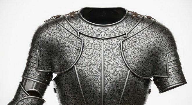 Ornate medieval knights steel armor suit, detailed craftsmanship, isolated on white background - Powered by Adobe