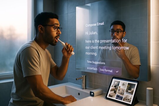 Man brushing teeth while interacting with smart mirror displaying email and tone suggestions in modern bathroom during early morning light. Ai generative