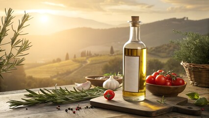 Olive oil bottle with blank label in floating still life - Surreal culinary advertisement - Gravity defying kitchen scene