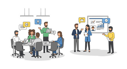 Obraz premium A Business Collaboration Meeting Illustrates Teamwork And Data Analysis, Featuring Professionals In A Modern Office Environment With Charts, Graphs, And Idea Sharing.