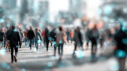 Crowd of diverse people walking on a busy city street during daytime with blurred background