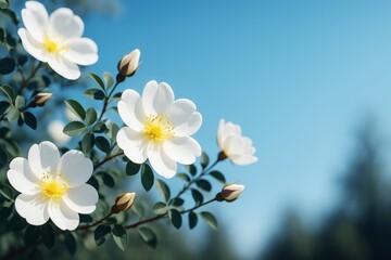 Obraz premium White wild rose flowers blooming in sunlight with green leaves and blue sky background in soft focus, concept of beauty and natural serenity outdoors.