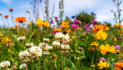 Obraz premium Vibrant bloom tapestry: A wildflower meadow dancing beneath a summer's azure canvas