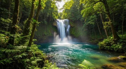 Obraz premium Lush Rainforest Frames a Majestic Waterfall Cascading into a Sunlit Turquoise Pool