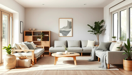 Fototapeta premium Scandinavian living room with light oak furniture, soft textiles, and natural greenery.