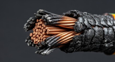 Macro Detail of a Burnt Electrical Cable: Charred Insulation Reveals a Gleaming Copper Core.