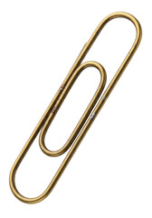 A macro close up of a brass paperclip isolated on a transparent background