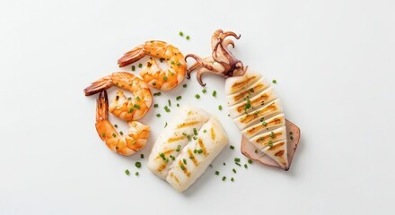 A delectable and healthy seafood assortment featuring expertly grilled squid, tender calamari, and plump cooked shrimp, elegantly presented on a crisp white background for a fresh culinary experience.