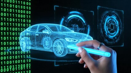 Blue Wireframe Car Model Hologram on Digital Screen with Binary Code Design - Powered by Adobe