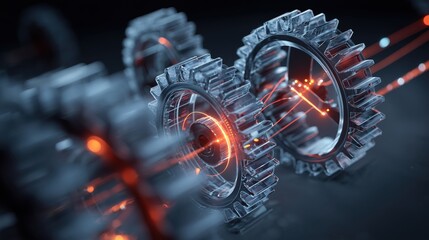 Large transparent gears Abstract depiction of interconnected gears with glowing elements, representing technology and innovation.