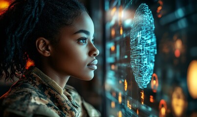 Side profile of a Black female military soldier using AI technology. The scene highlights the integration of advanced technology in military and defense operations, Generative AI