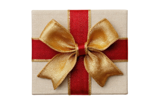 Square beige gift box with gold bow and red ribbon