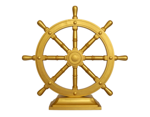 Front View of Golden Dharmachakra Wheel with Intricate Details, Isolated