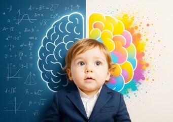 Child in suit with illustrated brain halves representing logic and creativity on contrasting scientific and colorful background. Ai generative.