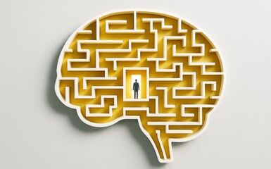 Human figure inside maze shaped like brain symbolizing mind complexity and decision-making pathways on light background. Ai generative.