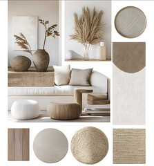 Moodboard for interior design featuring circular shapes The color palette consists of beige off white light brown and beige with some green tones The materials