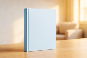 Blank hardcover book standing on wooden table in cozy living room with warm light and soft background for creative design presentation mockup.