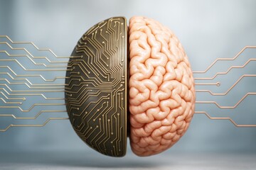 Half human brain and half circuit board connected by neural lines on a soft light background representing artificial intelligence and science concept.