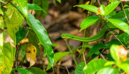 Vibrant green pit viper slithering through lush vegetation in the jungle