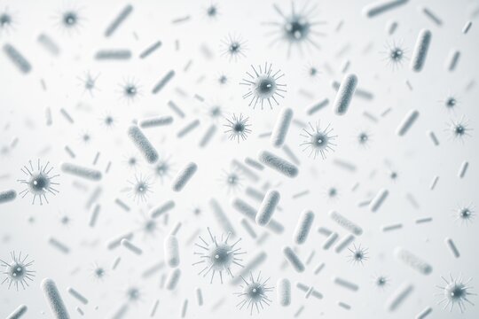 Abstract microscopic view of bacteria and virus cells floating in light scientific background illustrating microbiological science concept. - Powered by Adobe