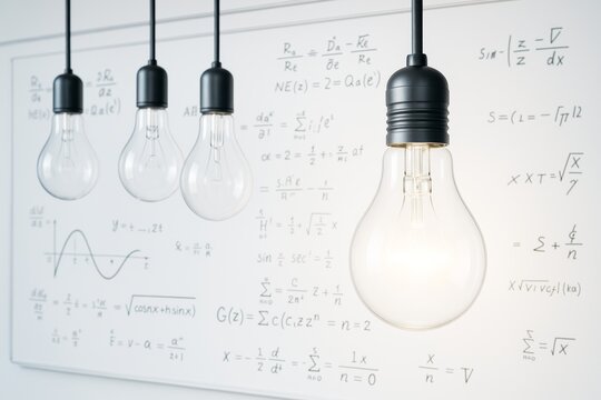 Hanging light bulbs with glowing one in front of whiteboard filled with scientific equations on a white background in a minimalistic concept scene. - Powered by Adobe