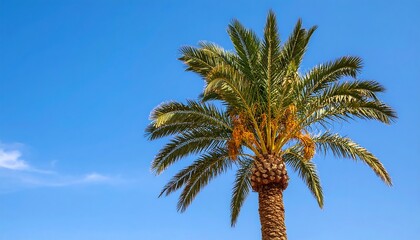 Vibrant palm tree with lush green fronds against a clear blue tropical sky