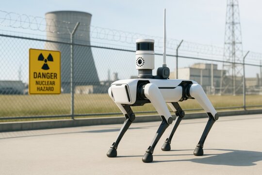 Futuristic robotic dog patrolling nuclear power plant perimeter with radiation warning sign on fence under clear daylight sky in science concept scene. Ai generative