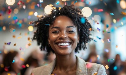 Happy successful Black woman celebrating a job promotion and career success in the workplace, surrounded by confetti at a holiday office party, Generative AI