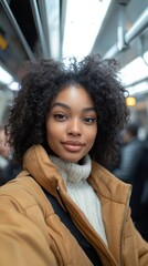 Young Black woman taking a selfie on the New York subway. The candid moment reflects joy and carefree energy in a busy urban setting, Generative AI